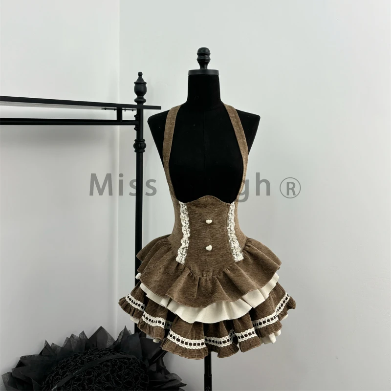 Vintage Plaid Sweet Lolita 3 Piece Set Winter Woman Harajuku Cute Bow Cloak +Slim Chic Blouse +Design Slip Dress Y2k Outfits New