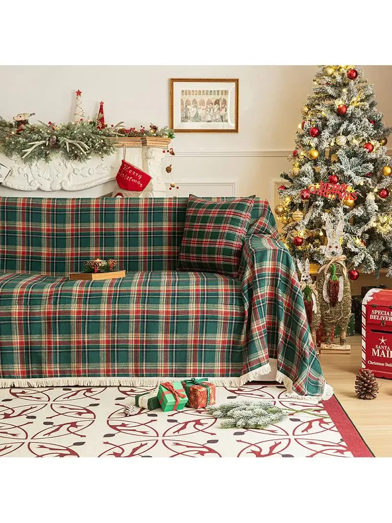 Christmas Plaid Sofa Cover Cloth Living Room Decorative Retro Scene Arrangement Photo Prop New Model Dustproof Protective Cover