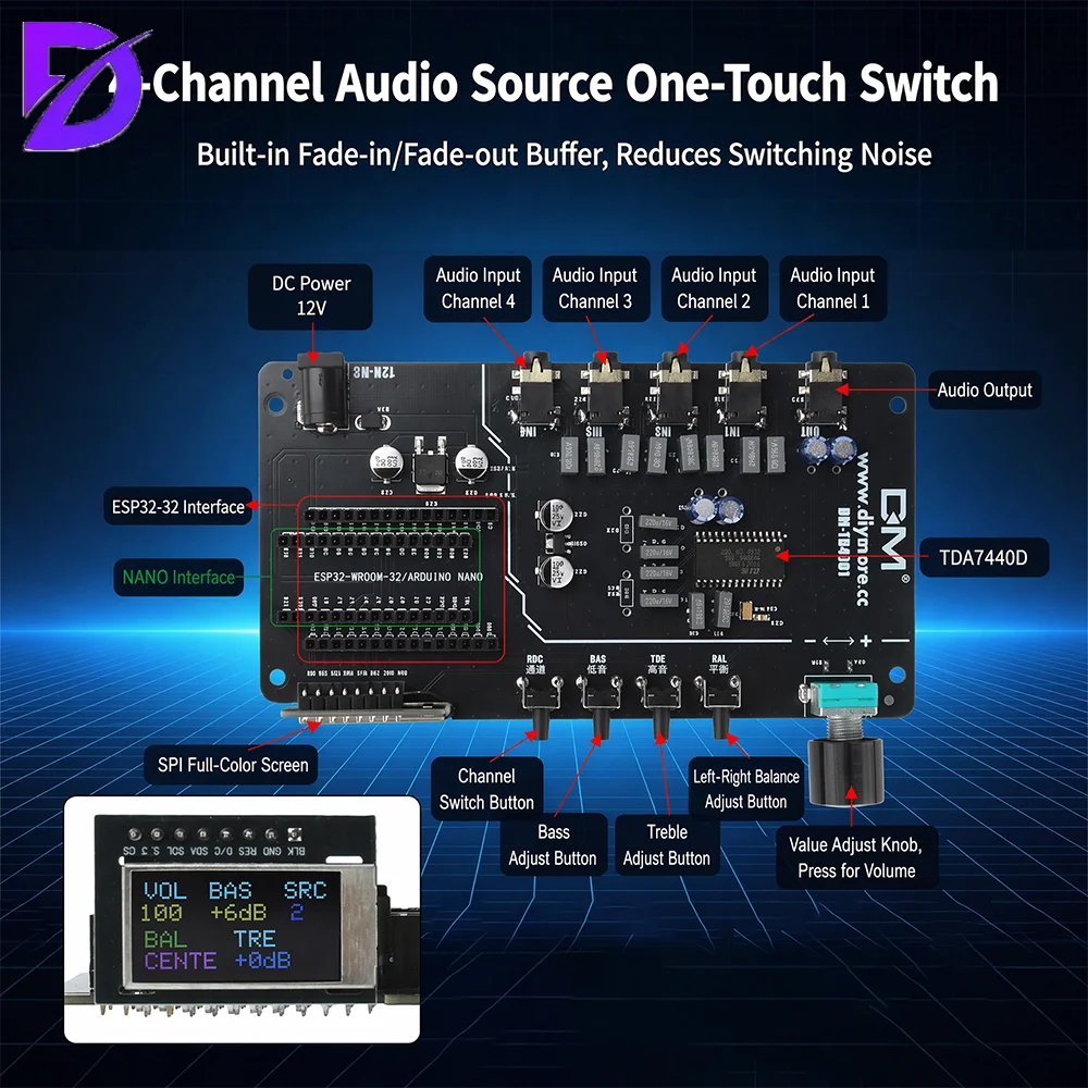 DC 7-12V TDA7440 Digital Audio Controller With 4-Channel Stereo Audio Input Digital Audio Module With 1.8-Inch ST7735 Display