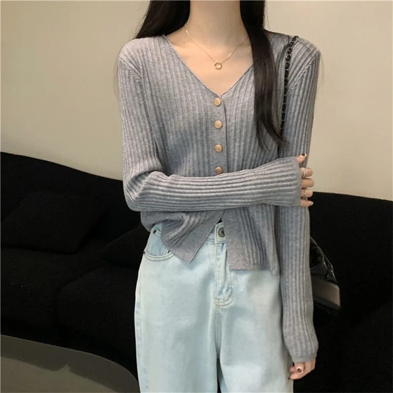 

Элегантный полосатый кардиган с v-образным вырезом, женский осенний новый простой свитер для похудения 202, верхняя одежда, женский свитер с длинными рукавами на пуговицах спереди