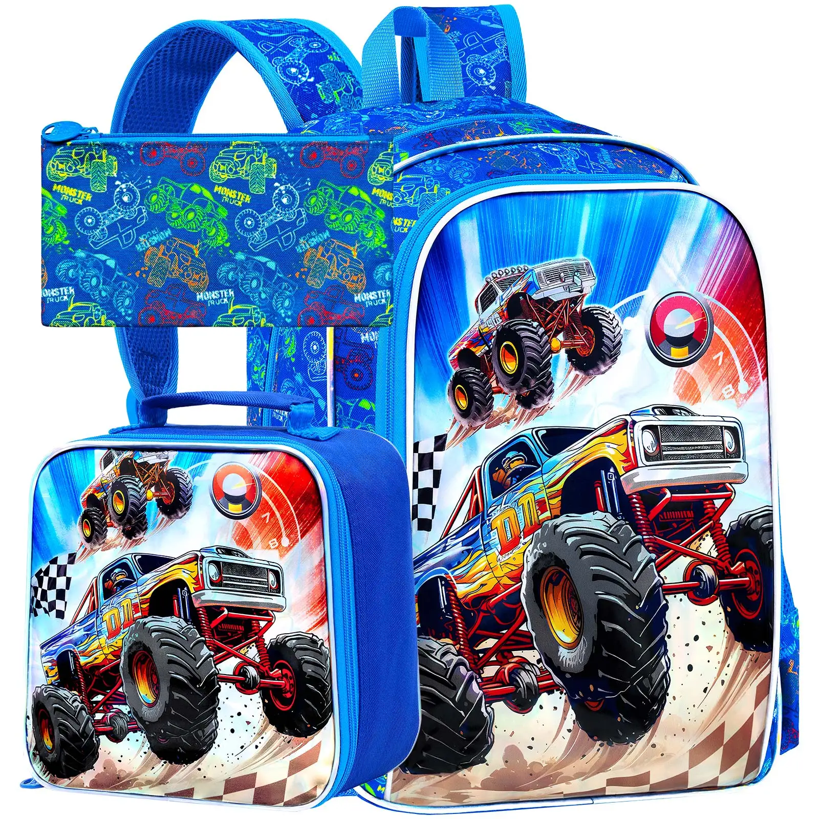 

3PCS Boys Backpack,16”Kids Car Bookbag with Lunch Box, School Bag for Elementary Toddler