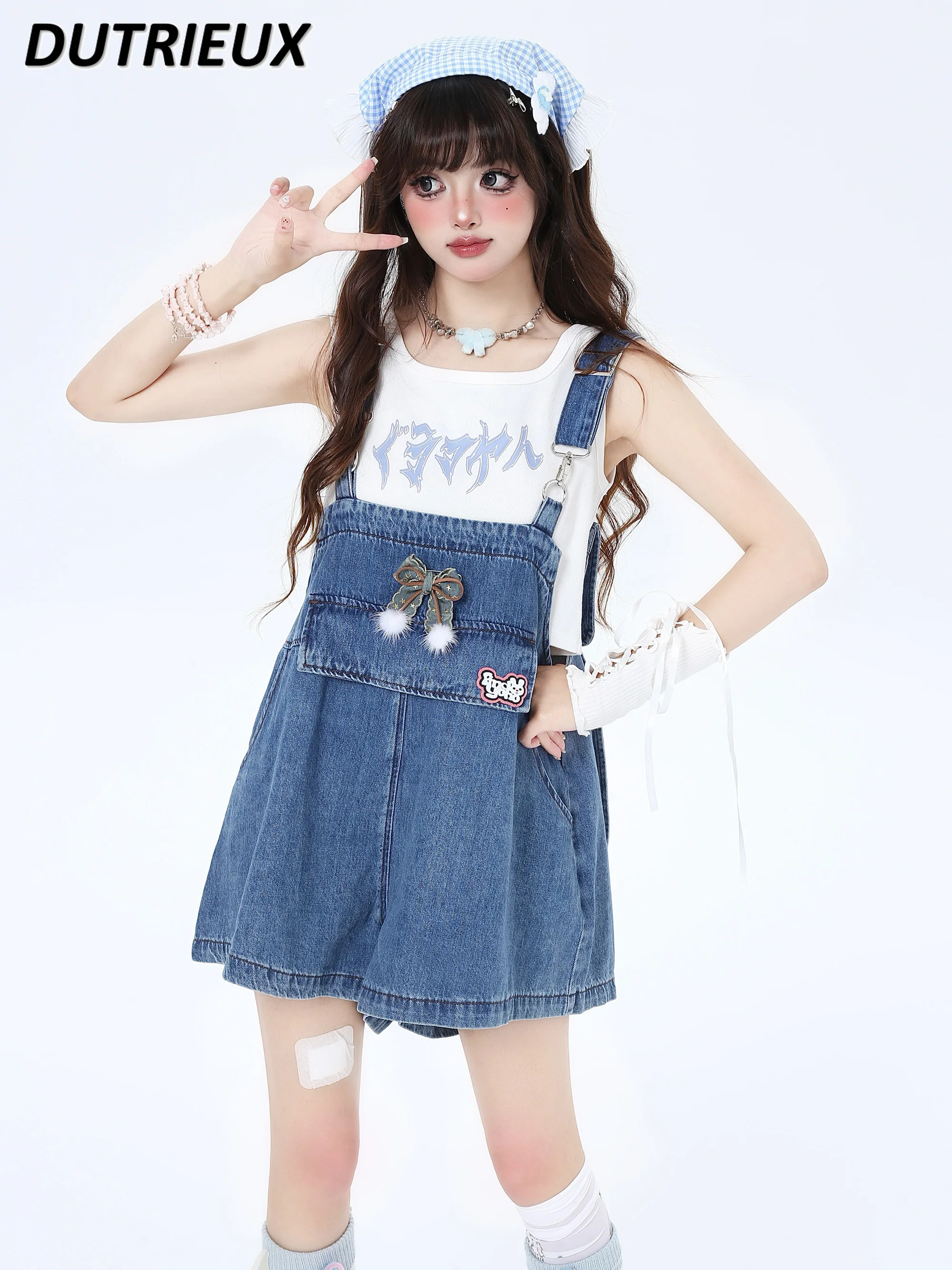 

Summer Sweet Girl Design Short Denim Skirt College Style Loose Youthful-Looking Jeans Suspender Pants Wide Leg Short Jeans