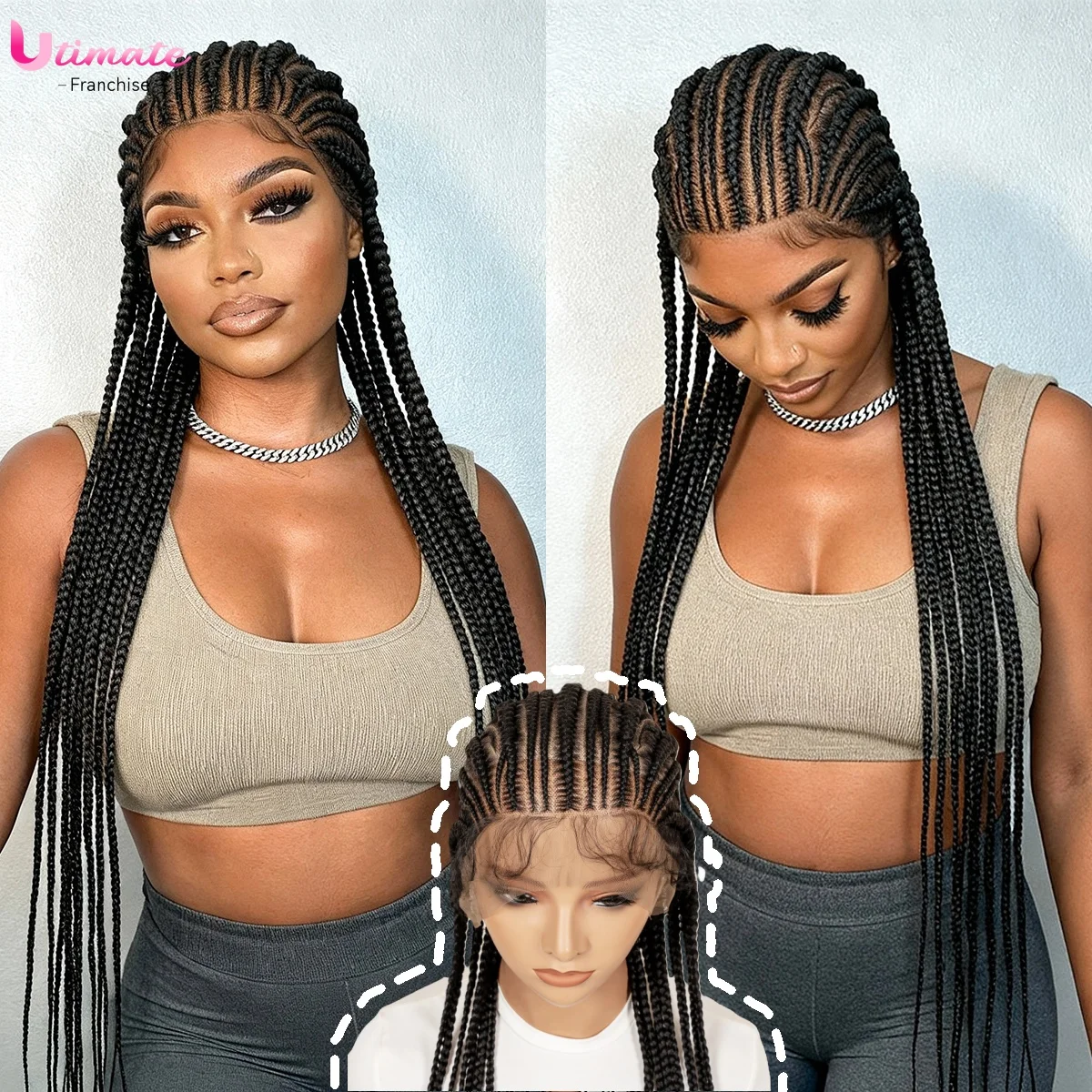 38inches Ghana Braided Synthetic Cornrow Wigs Transparent Full Lace Braided Wig Stitch Briads Protective Wigs for Black Women