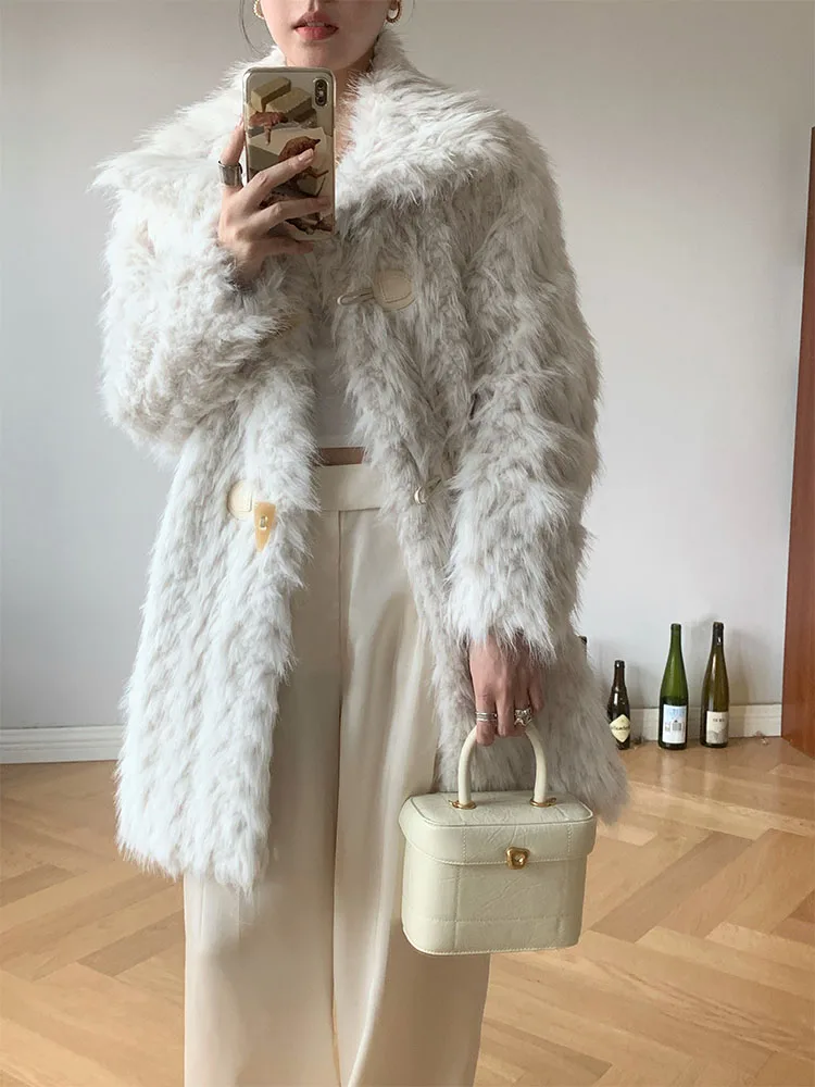 

Vintage Faux Fur Coat for Women Long Winter Jacket Thick Warm Furry Overcoat White Ox Horn Button Stand Collar Plush Fur Coat