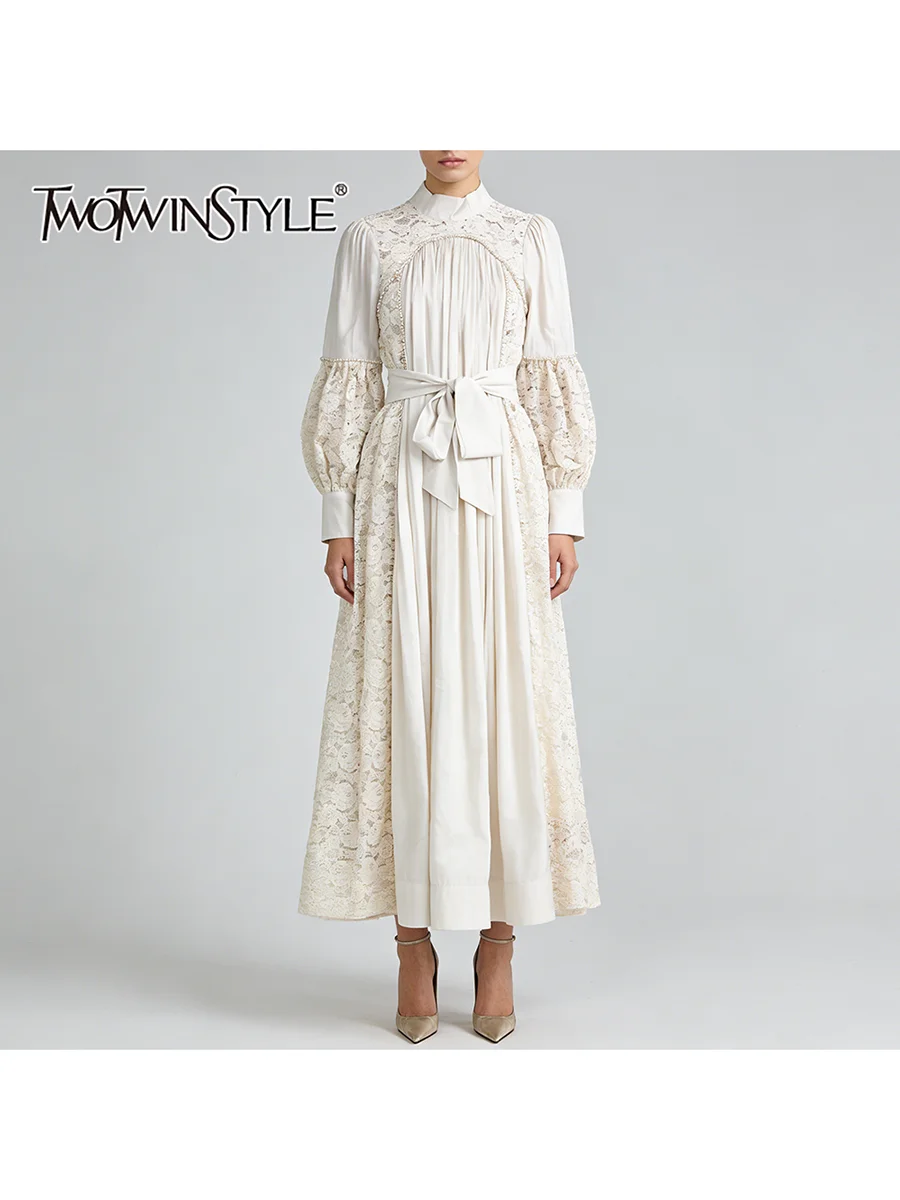 TWOTWINSTYLE Solid Patchwork Lace Dresses for Women O Neck Lantern Sleeve High Waist Lace Up A Line Dress Female Fashion Clothes