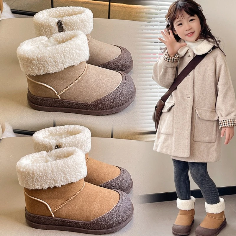 

Зимние детские ботинки, новое корейское издание, плюшевые детские ботинки средней длины для девочек, нескользящие теплые повседневные хлопковые осенние универсальные короткие ботинки