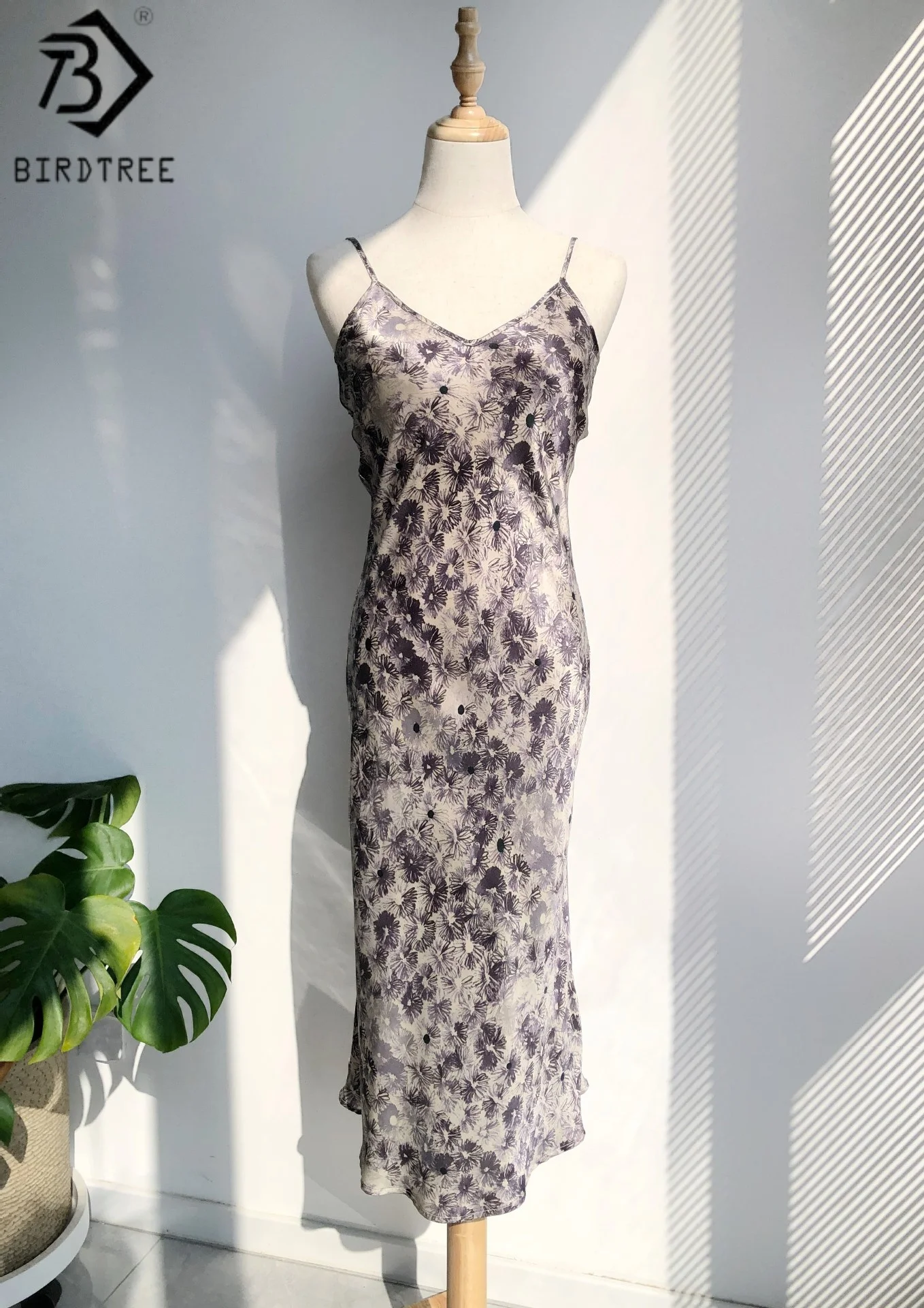 BirdTree 20MM 100% Moerbei Zijde Kalendula Print Jurk, Vrouw Zand Wassen Effen Satijn Bias-cut Slip Jurken, 2025 Nieuwe D57055JF