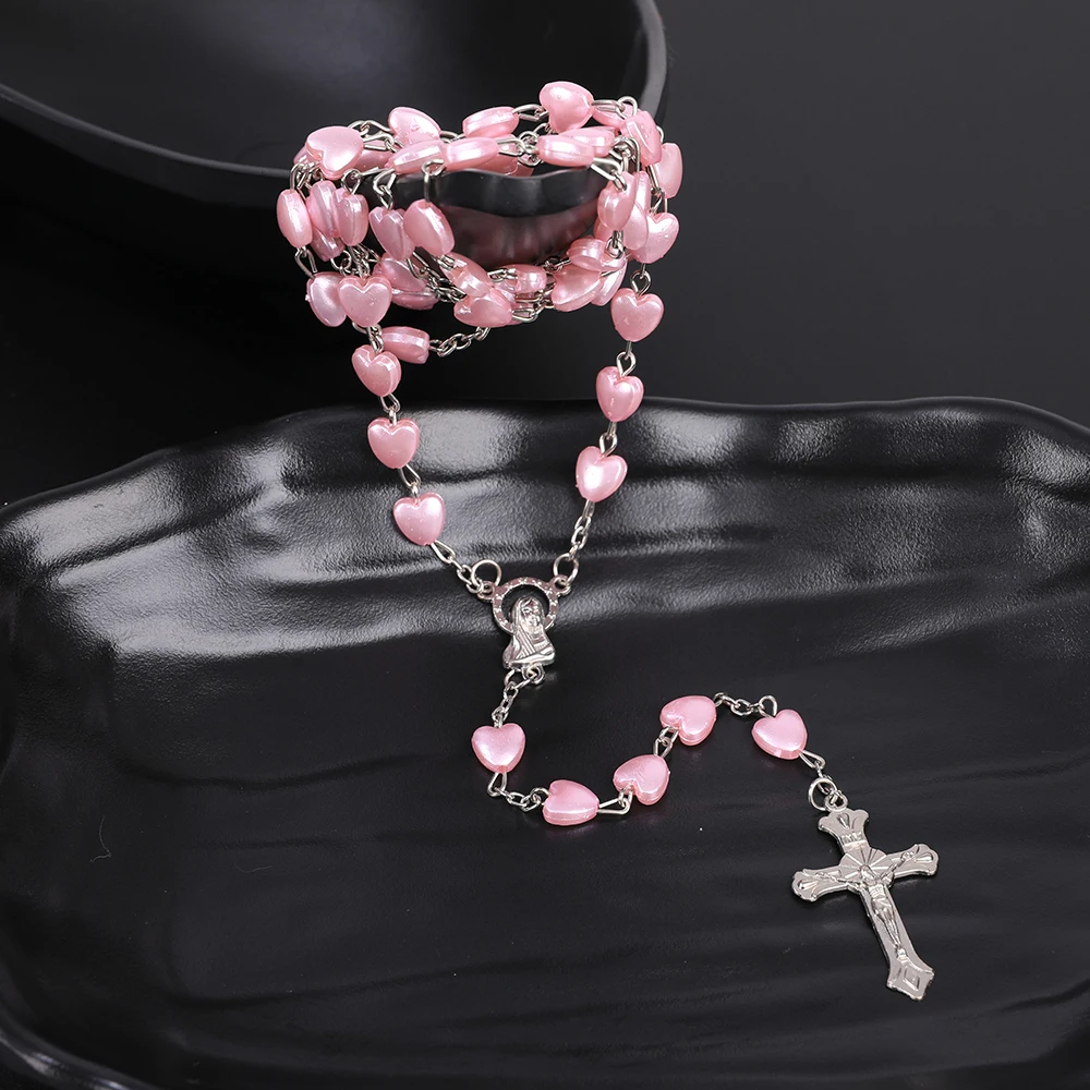 Religiöse Rosenkranz-Halsketten für Damen, rosa, weiße Herzperlen, Kette, Anhänger mit der Jungfrau Maria und Kreuz, Herren-Gebets- und Party-Schmuck, Geschenk – Detail 7