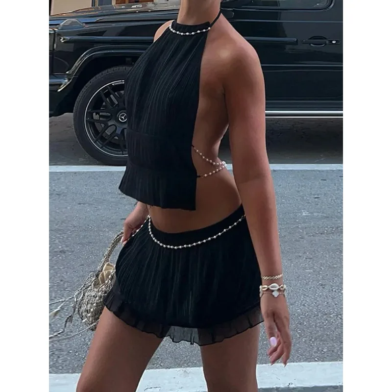 

Vacation Beading Mini Skirt Sets For Women Y2K Sexy Backless Cropped Halter Vest Hip Package Short Skirts Beach 2 Pieces Outfits