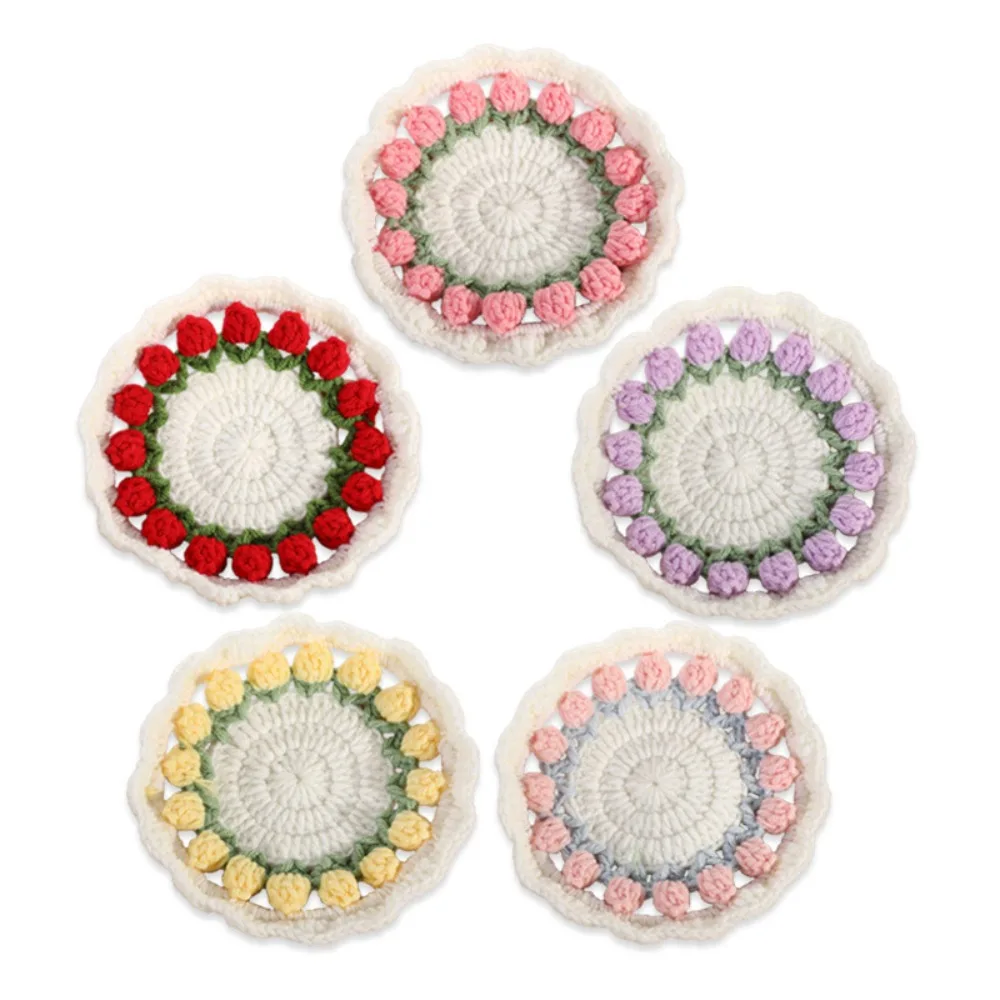 2Pcs Handmade Crochet Floral Coasters Tulip Flower Round Hand-knitted Placemat Colorful Ins Style Woven Cup Pads Living Room