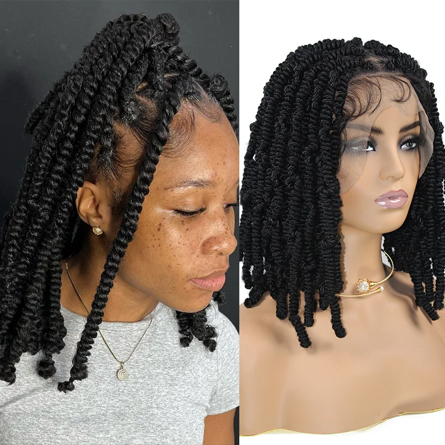 Kurze Frühling Twist Zöpfe Perücke Synthetische Volle Spitze Vorne Leidenschaft Twists Perücken Lockige Enden Knotenlose Box Twist Flechten Perücke Für Frauen