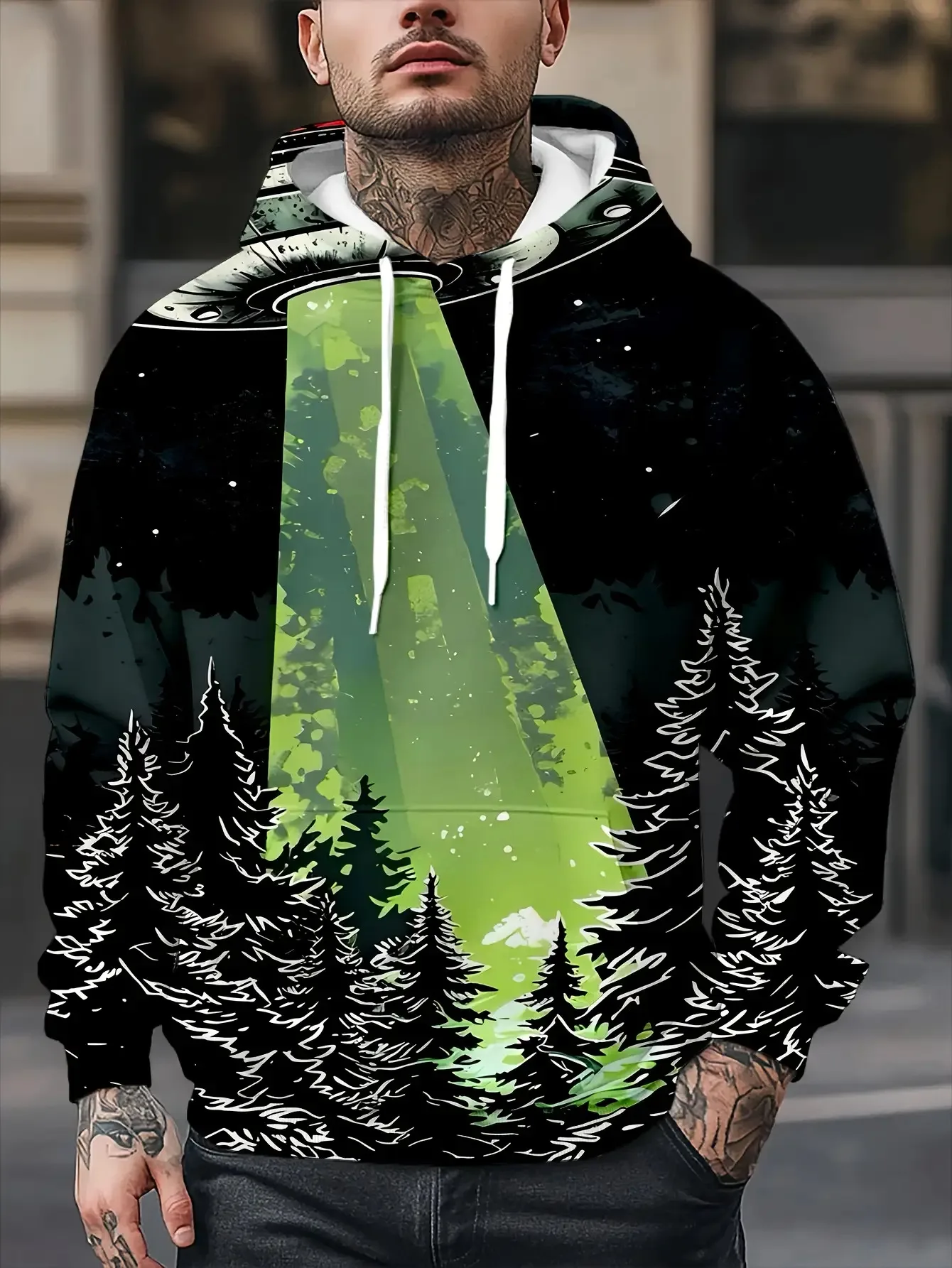 Unisex UFO Alien Forest Starry Sky 3D Print Hoodie Retro Sci-Fi Graphic Long Sleeve Oversized Casual Hooded Pullover Sweatshirt