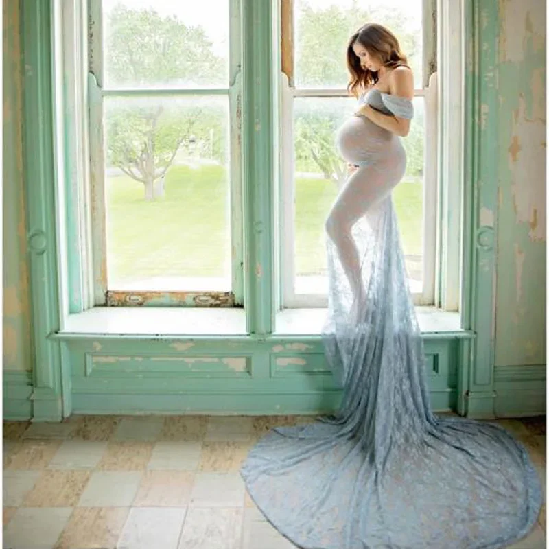 Lace Maternity Gown Dress Pregnant Clothes Photography Props Perspective Sexy Photo Shoot Women Trailing Dress Mother Vestidos