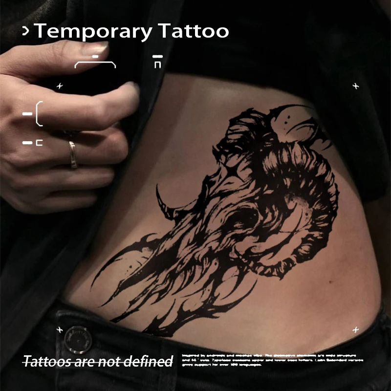 

Большая готическая временная татуировка-наклейка с изображением льва и травяного сока, водонепроницаемая, долговечная, черная, для мужчин и женщин, боди-арт