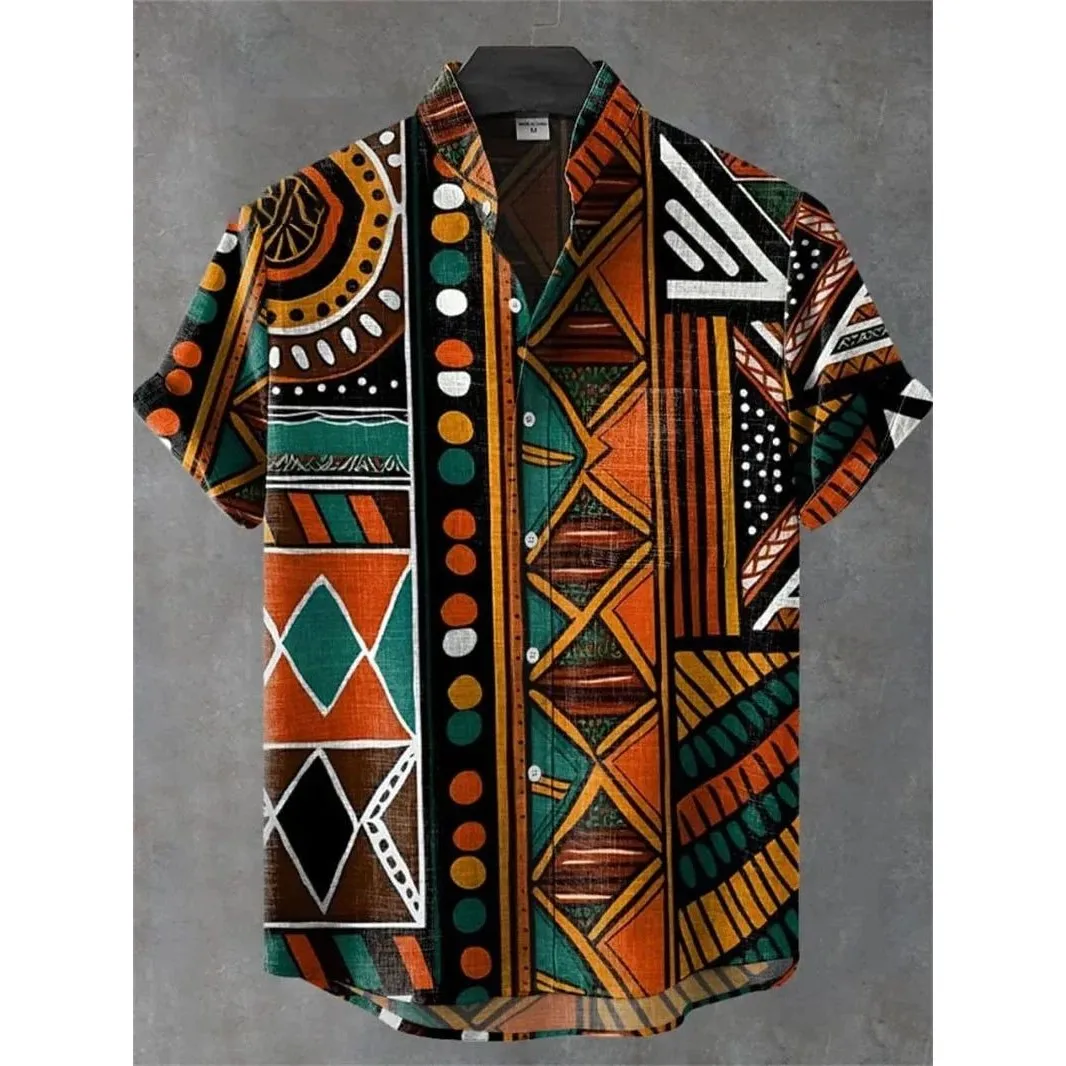 

Geometric 3D Printed Striped Hawaii irt Men's Linen Summer Special Wide Fit Fce Lined Thiened Collar Nine Sve ...