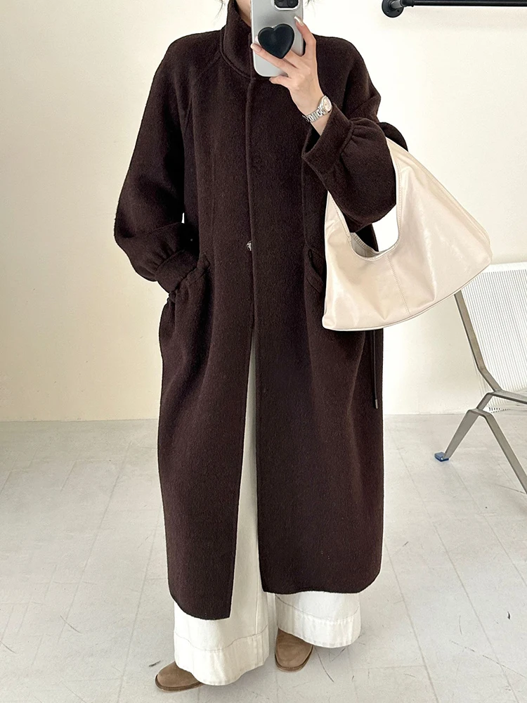YERMORA Coffee Buckle Brief Warm Woolen Coat For Women Lapel Long Sleeve Loose New Overcoat Fashion Tdie Autumn Winter 2025