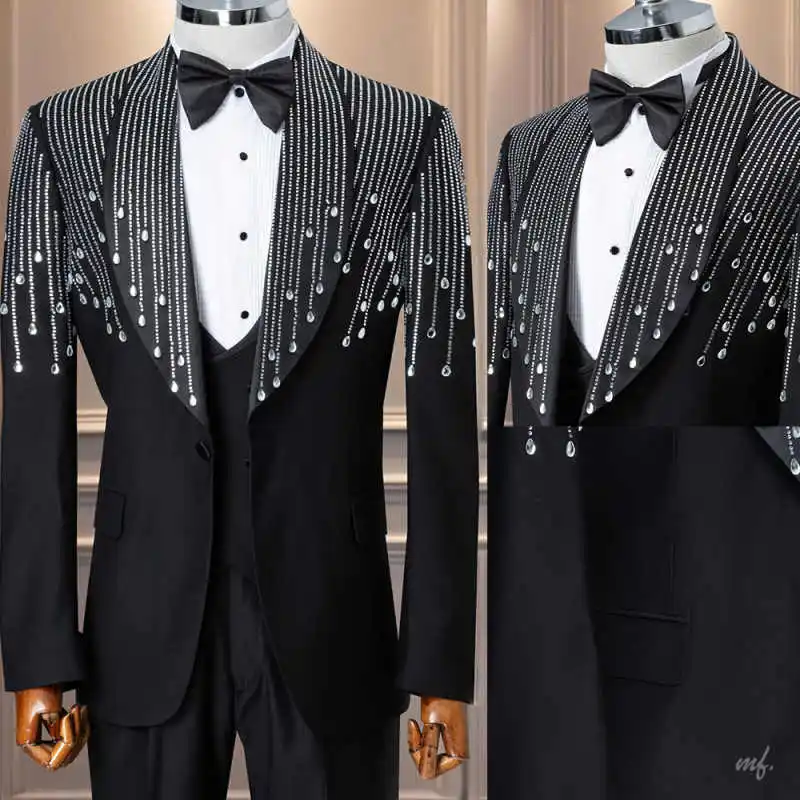 

Customized Wedding Groom's Tuxedo 2 Piece Jacket Pants Crystals Shawl Lapel Formal Occasions Party Costume Homme Ropa hombre
