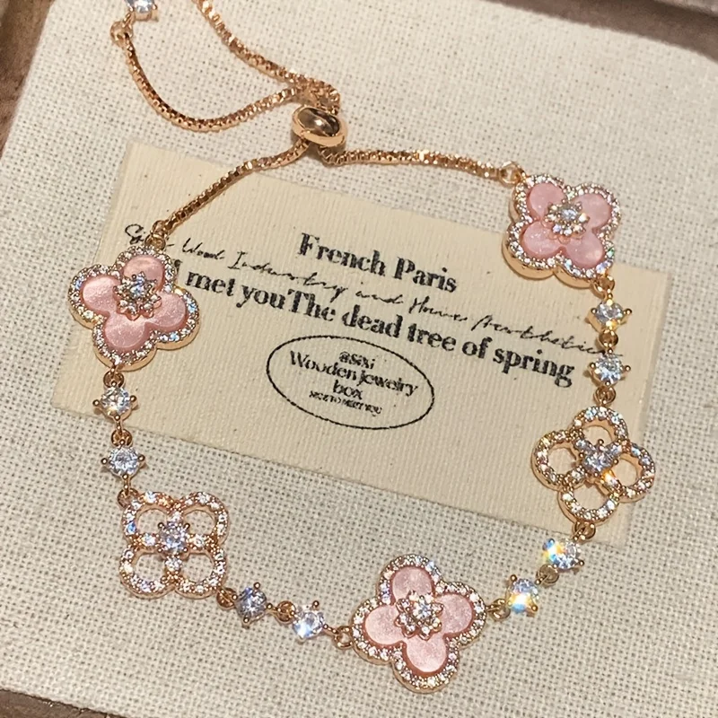 2-Pack Pink Pull-Out Bracelets with Delicate Rhinestones, Shiny Imitation Natural Pink Mother-Of-Pearl, Hollow Clover Design, Women's Niche Luxury Jewelry, Birthday and Anniversary Gift