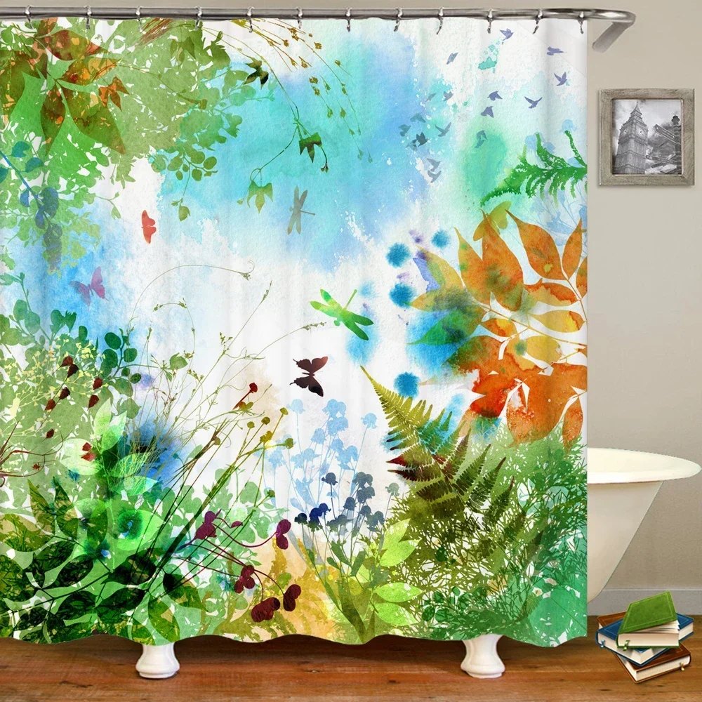 Tropical Plant Waterproof Bath Screen with 12 Hooks 3D Palm leaves Fabric Shower Curtains Bathroom Curtain for Home Decoration