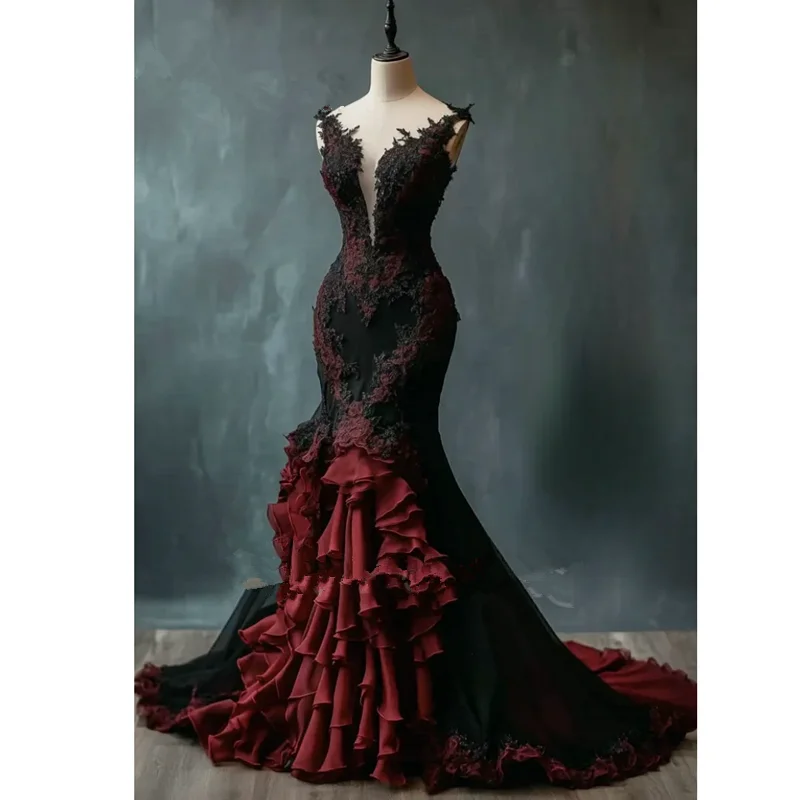 Black Burgundy Mermaid Wedding Dresses Gothic Victorian Cutomsized Applique Ruffles Skirt Long Bride Gown Outfit Vestido