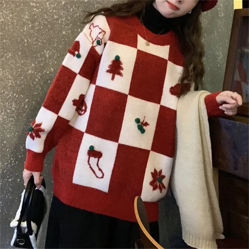 

Women Christmas Print Sweaters Long Sleeve Plaid Knit Pullovers Round Neck Thick Jumpers Warm Casual Vintage Slight Strech