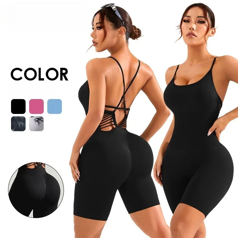 

Women Knitted Bodysuit Built-In 3D Motion Cup Seamless Strappy Jumpsuit Yoga for Women Waist Butt Liftting Fashion Slim Bodysuit