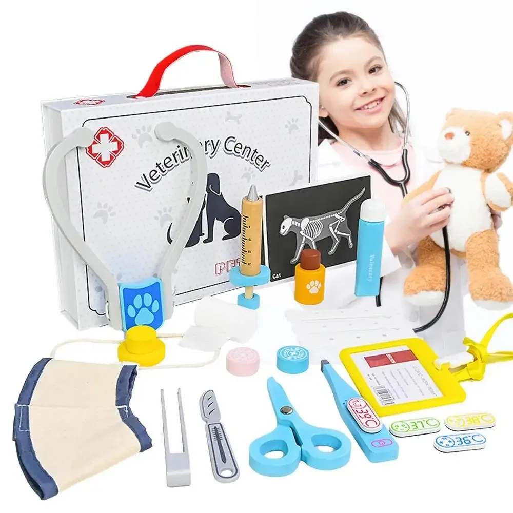 Jouets de docteur en bois pour enfants, jeu de simulation médical, coffre de médecine, cadeau vétérinaire