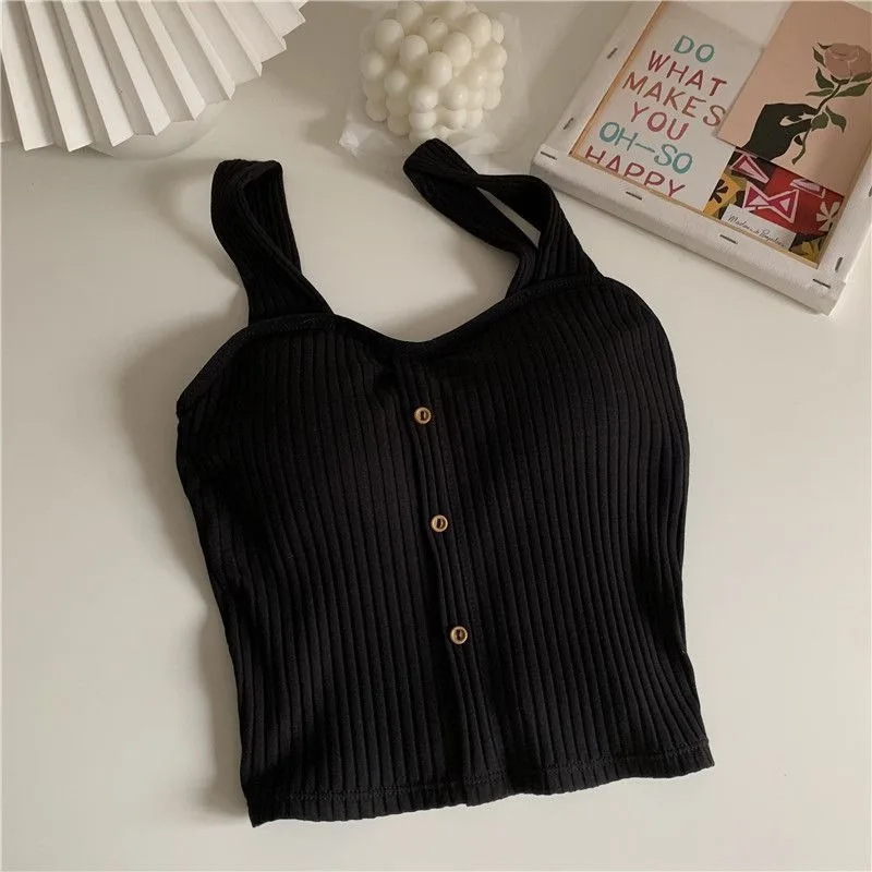 Plus Size Women Ribbed Knit Cami Top With Built In Pads Button Front Sweet Sling Vest