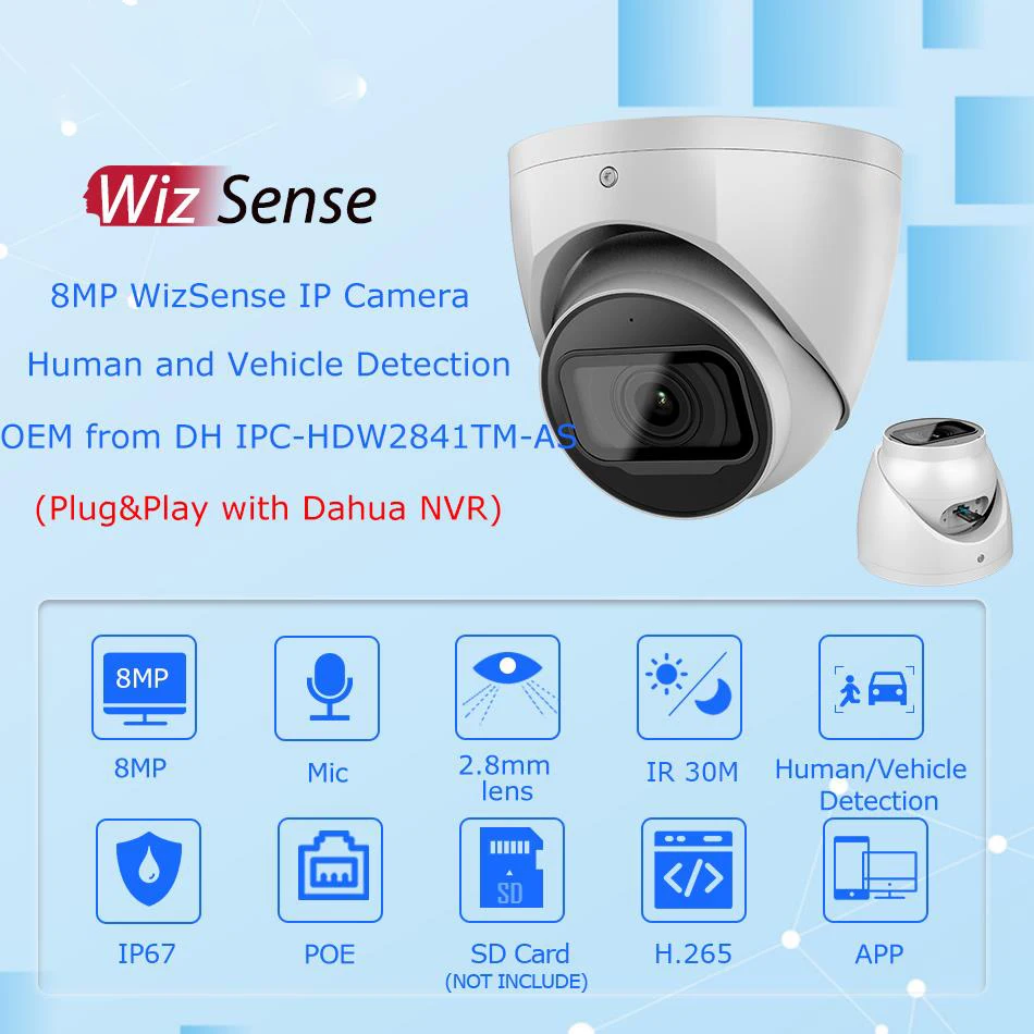 

OEM Dahua 8MP Starlight IP Camera replace IPC-HDW2841TM-AS Wizsense Built-in Mic SD Card Slot CCTV Video Surveillance IP Camera