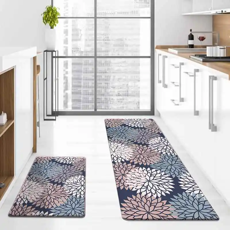

Floral Pattern PU Leather Kitchen Mat Waterproof Oil Resistant Non Slip Entrance Door Mat Home Use Living Room Rug