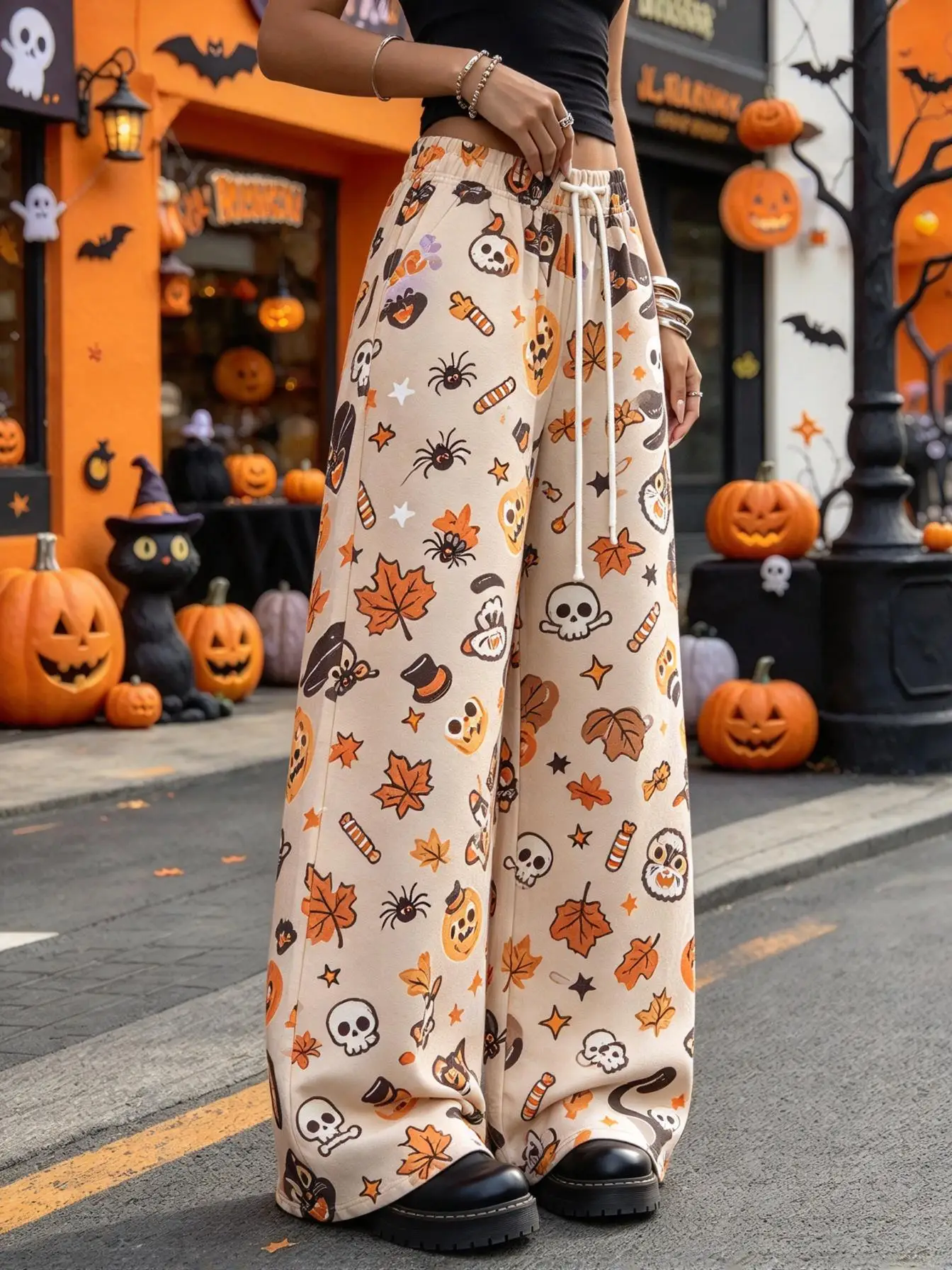 Halloween Ladies Wide Leg Pants Elastic Drawstring Waist Skull Maple Leaf Spider Print Street Casual Trousers