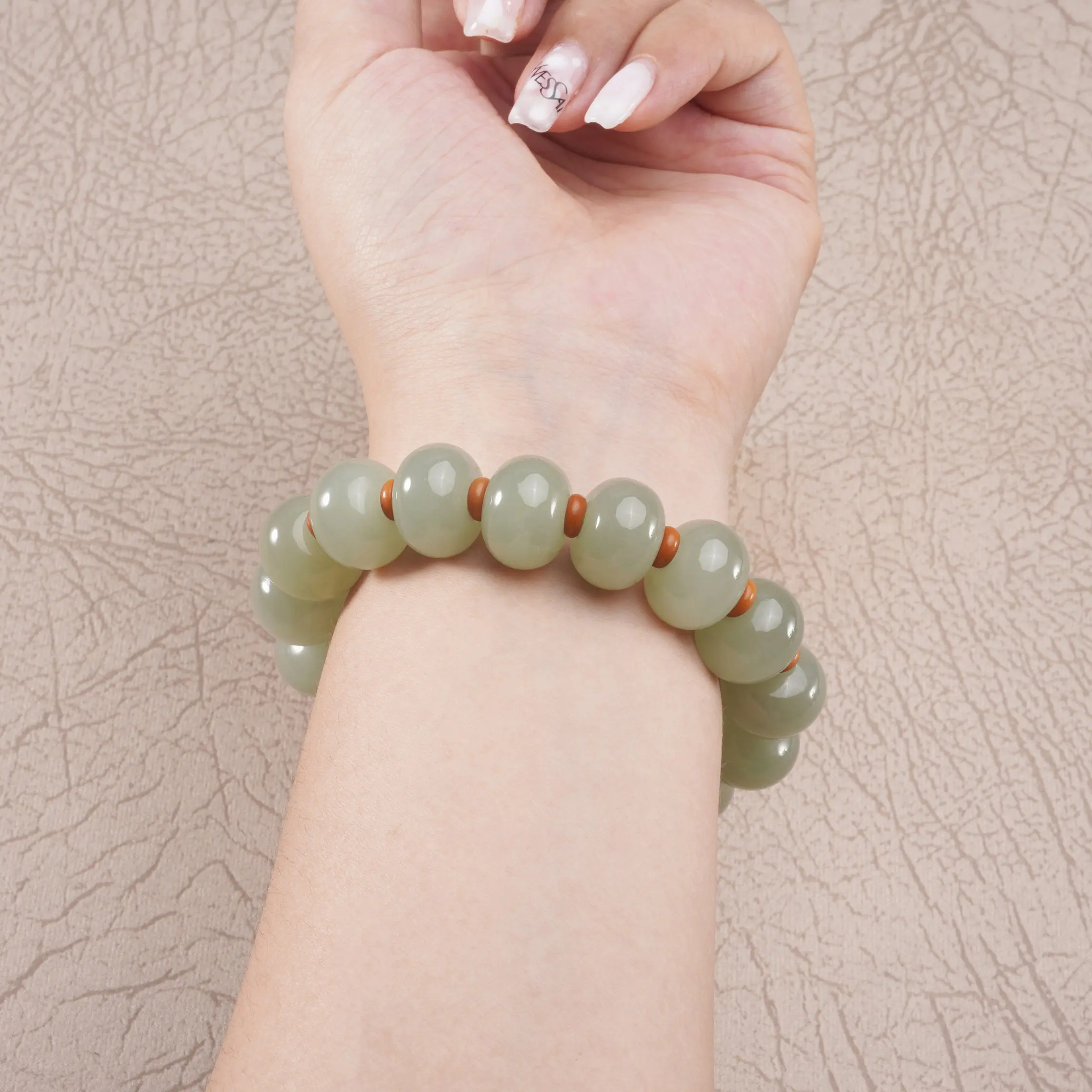 Qingshui Hetian jade abacus bead bracelet, natural jade bracelet, lake water green Hetian jade bracelet, beaded with beads, real view 4