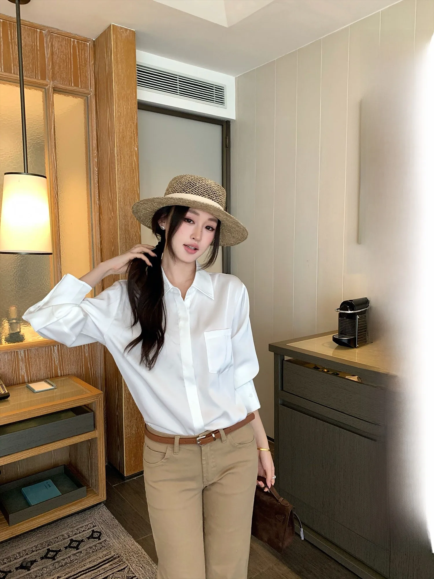 

Chen Mi Fan Women's Satin Long Sve irt Collared Commute Friendly Loose Fit Polyester Fiber lectual Sle Spring 2026