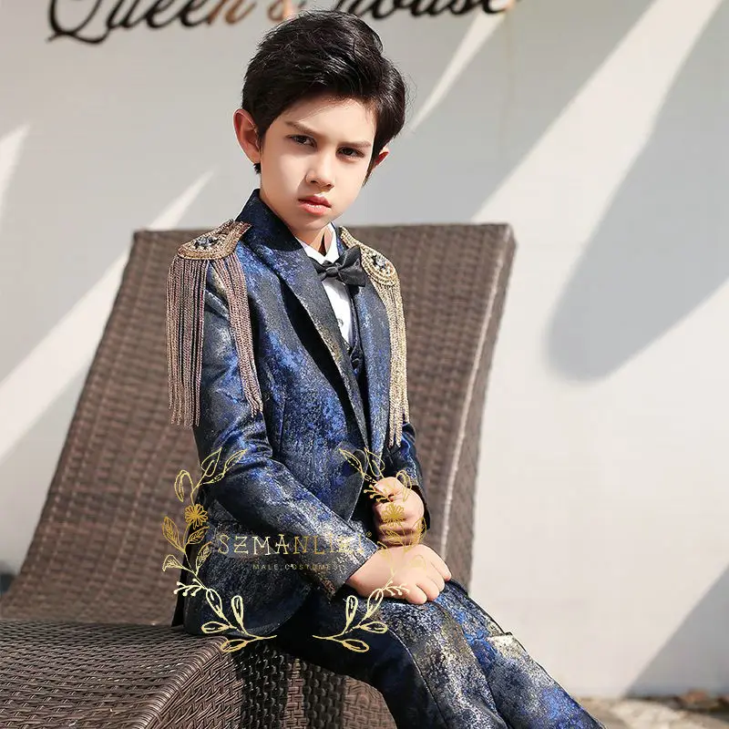 Newest Blue Printed Boy Suits For Wedding Prom Kids Flower Suits Terno Masculino Slim Fit Child Blazer 3 Pieces Jacket+Pant+Vest