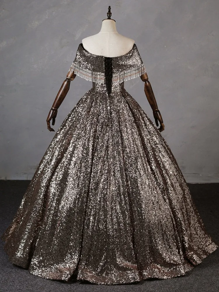 Czarne Złoto Suknie Wieczorowe z Odkrytymi Ramionami Damskie Błyszczące Cekiny Frędzle Sukienka na Imprezę 2026 Nowa Sukienka na Zamówienie na Formalne Okazje