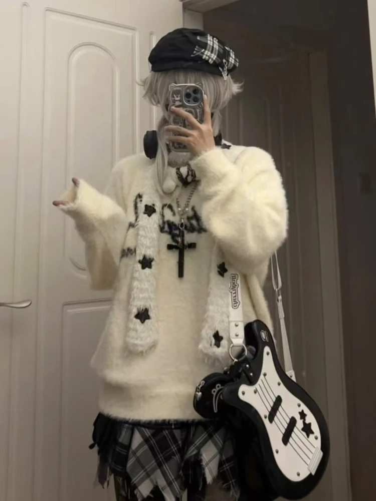 الأمريكية خمر الحلو حار سترة متماسكة لون نقي طويلة الأكمام ثقافة فرعية إلكتروني نمط موضة بلوزة كاجوال امرأة الخريف