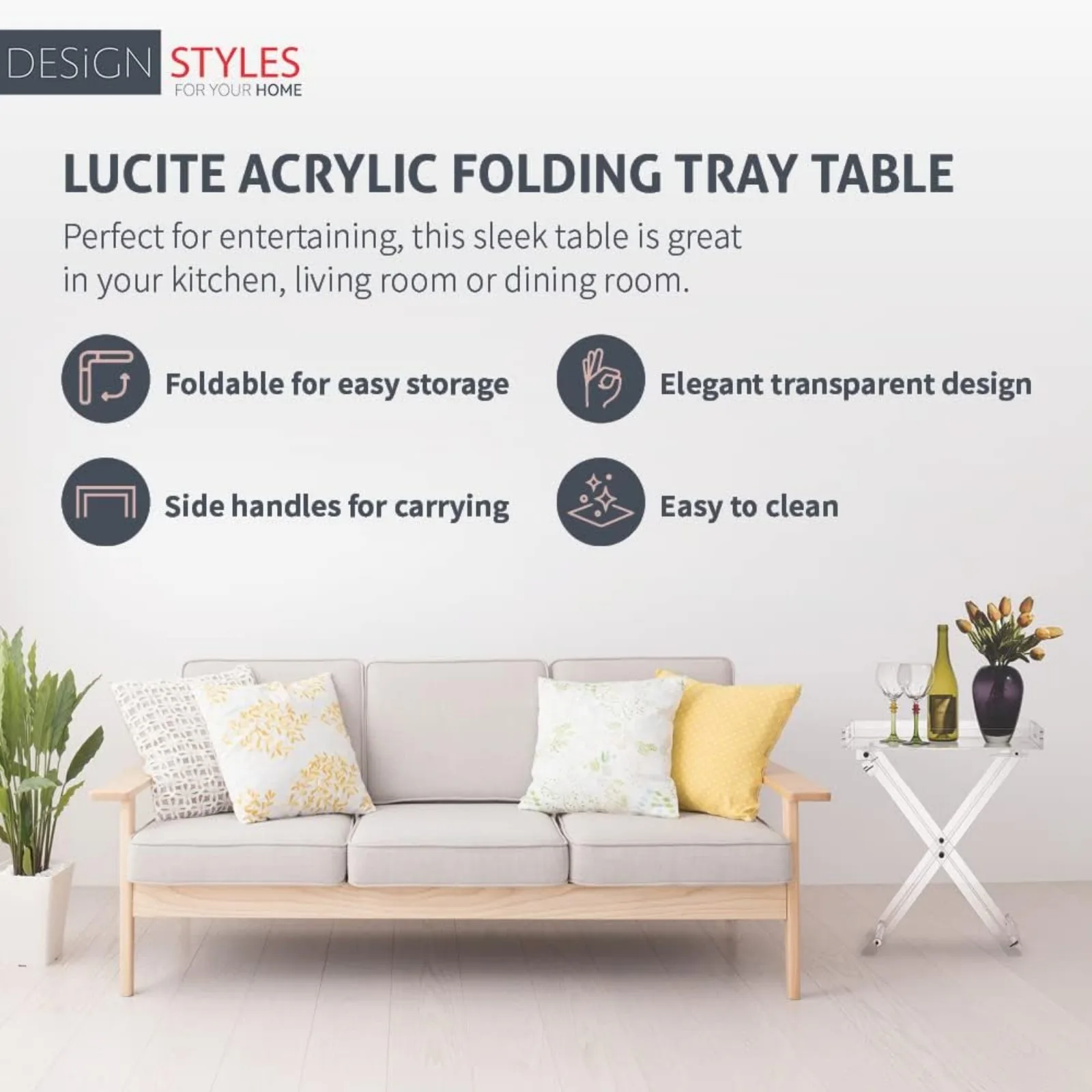 US Designstyles Acrylic Folding Tray Table – Modern Chic Accent Desk - Kitchen and Bar Serving Table - Elegant Clear Design