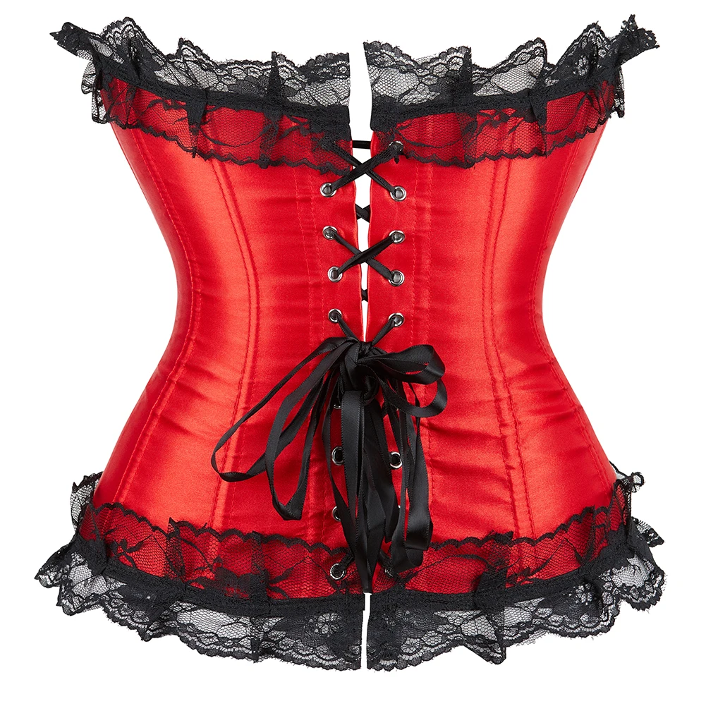 Overbust Corset Lace Trimmer Waist Bustier Top Satin Red Basques Corselet