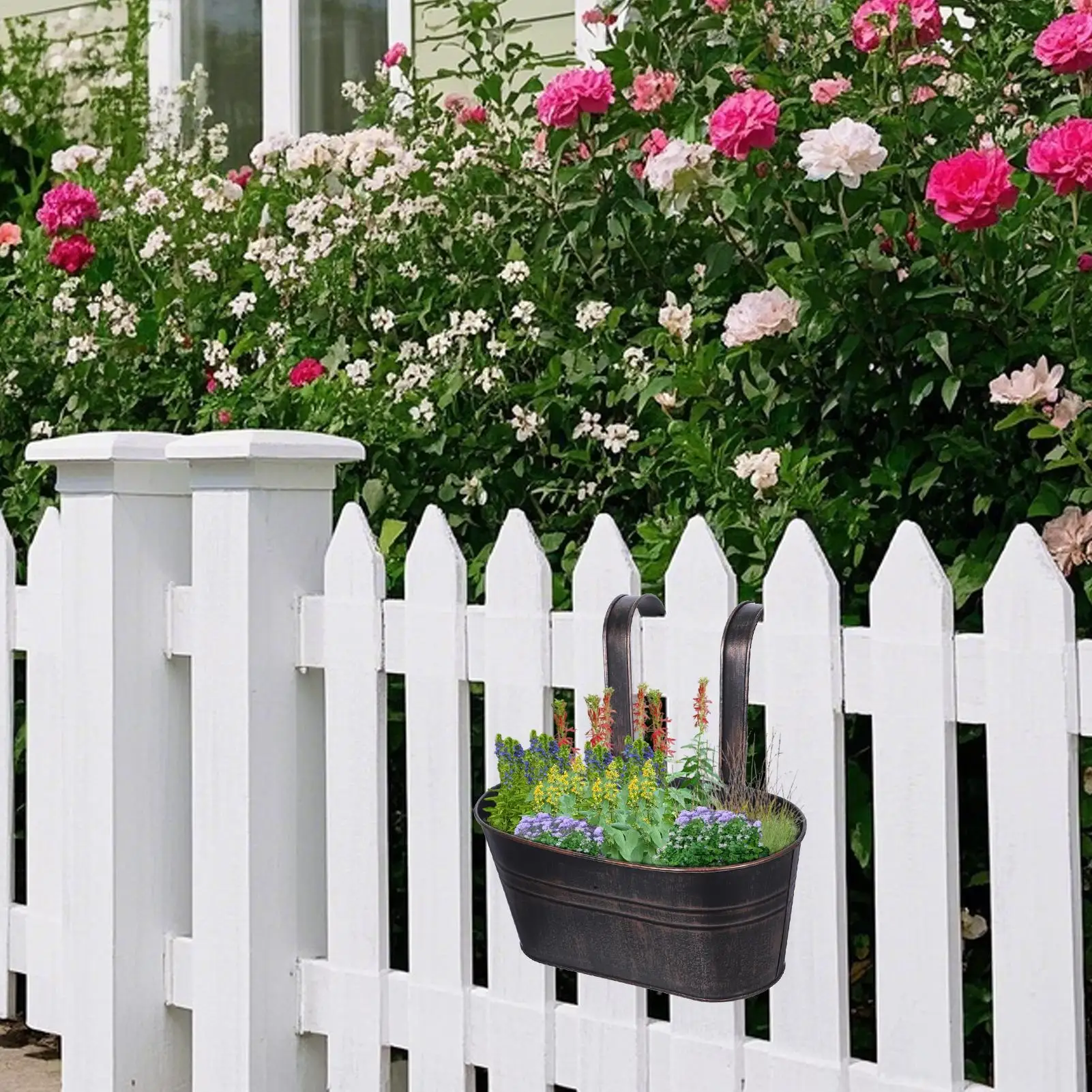 Fence Planter 3 Pieces Outdoor Flower Pots With Drainage Holes Metal Planter With Detachable Hooks Plant Holder For Fence