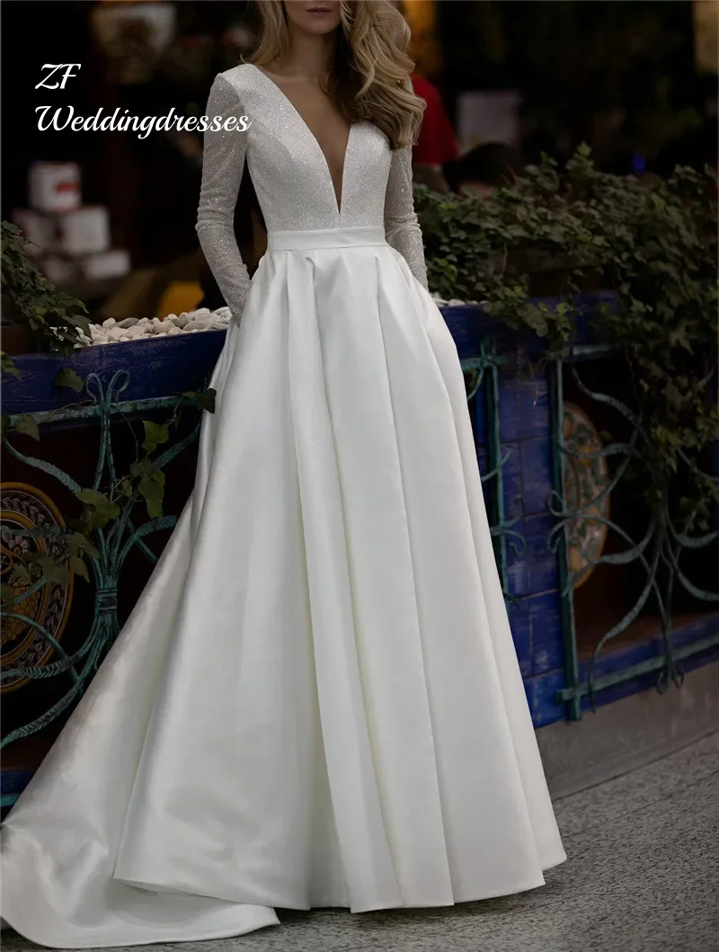 

Customized Satin Wedding Dresses for Women Sexy V-Neck Backless Sparkle Long Sleeve Bridal Gowns With Pocket Vestido De Noiva