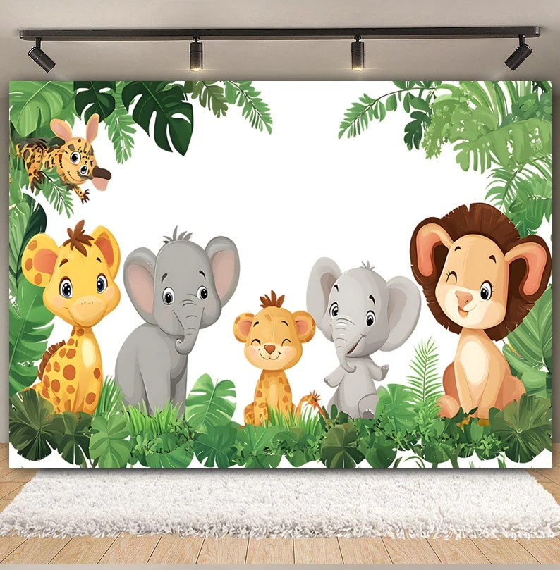 Tropical Jungle Forest Animal Photography Backdrop Lion Giraffe Green Leaves Baby Birthday Party Decoration Photozone Background image 3