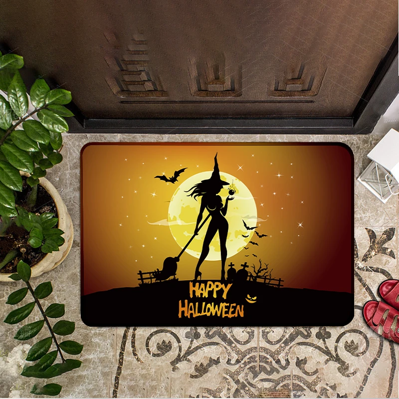 Happy Halloween Doormat Witch Silhouette Cemetery Moon Bat Non-Slip Floor Mat Entrance Door Rug Home Decor Holiday Party