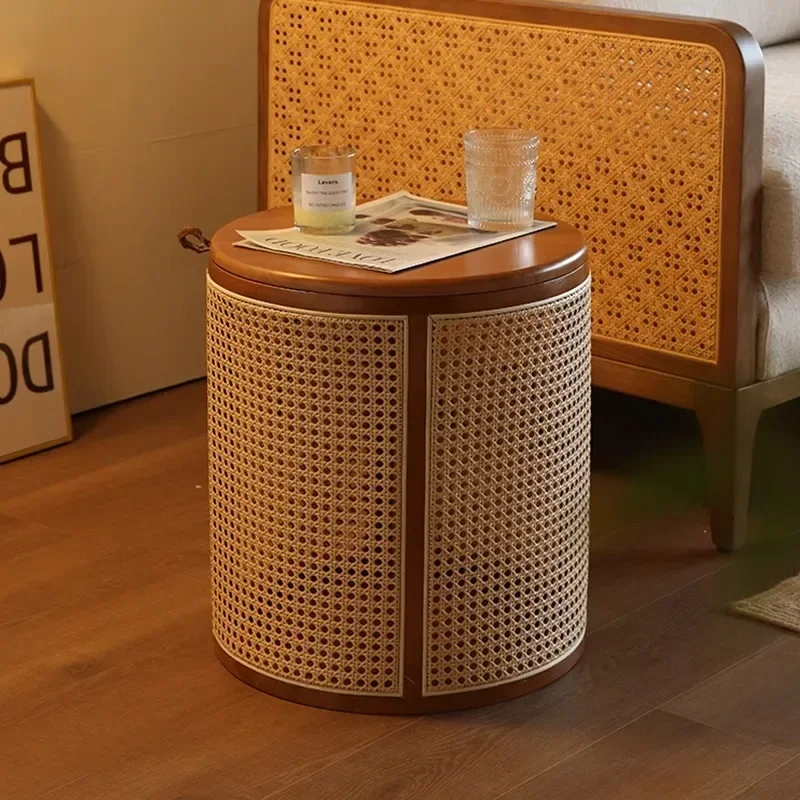 

Rattan edge few solid wood living room mobile small coffee table medieval round 2024 new home sofa side cabinet