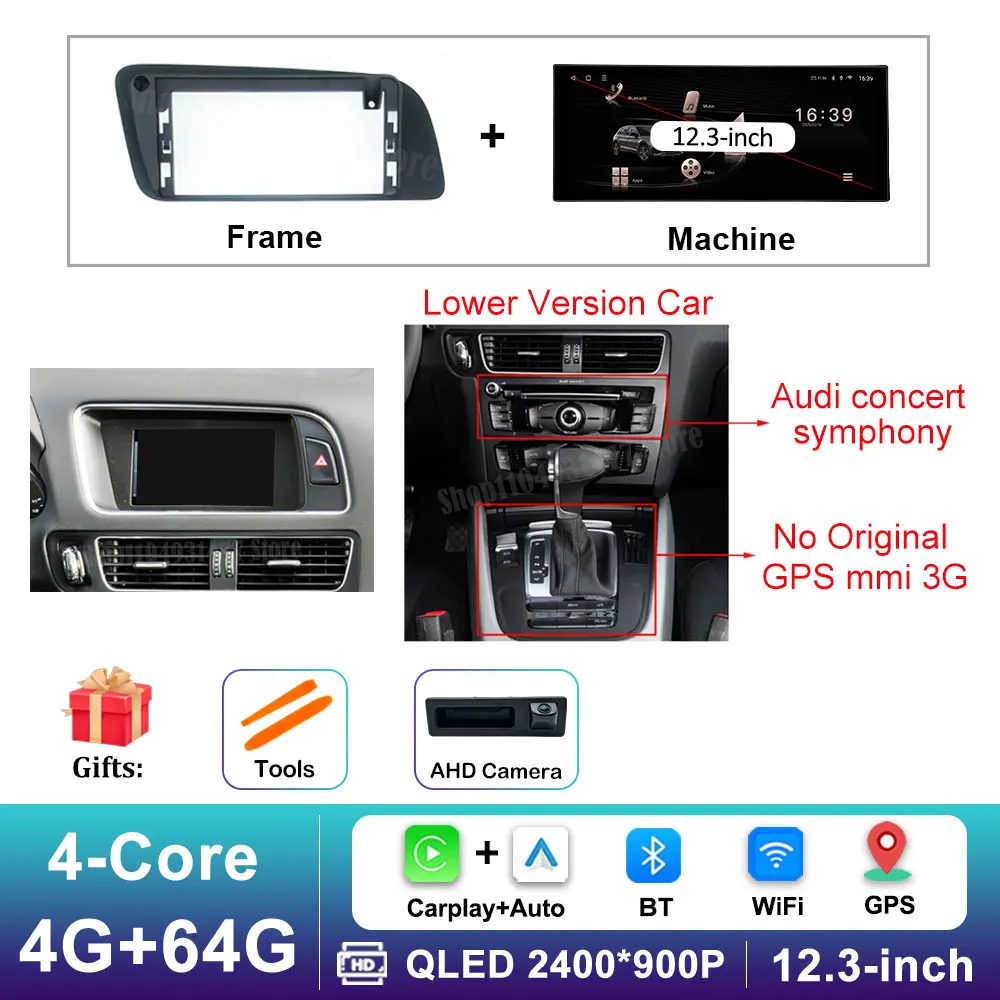 12,3 inch GPS Navigatie Draadloze Carplay Android 16 voor Audi Q5 2009 - 2017 BT Auto Multimedia Video Radiospeler 4G Auto Gereedschap