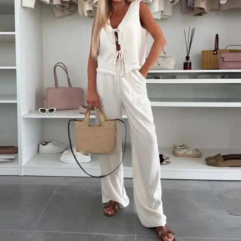 Letni koronkowy patchworkowy garnitur wakacyjny Lady Fashion Hollow Sleeveless Beach Outfit Casual V Neck Tie Up Top + Long Pants Two Piece Set