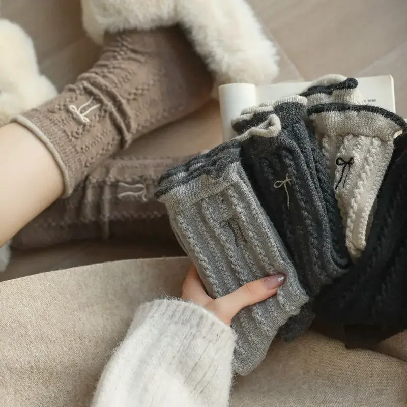 

Autumn Winter New Style Women Wool Socks Fashion Lace Bow Embroidery Female Plush Warm Fried Dough Twists Socks 6pcs Set