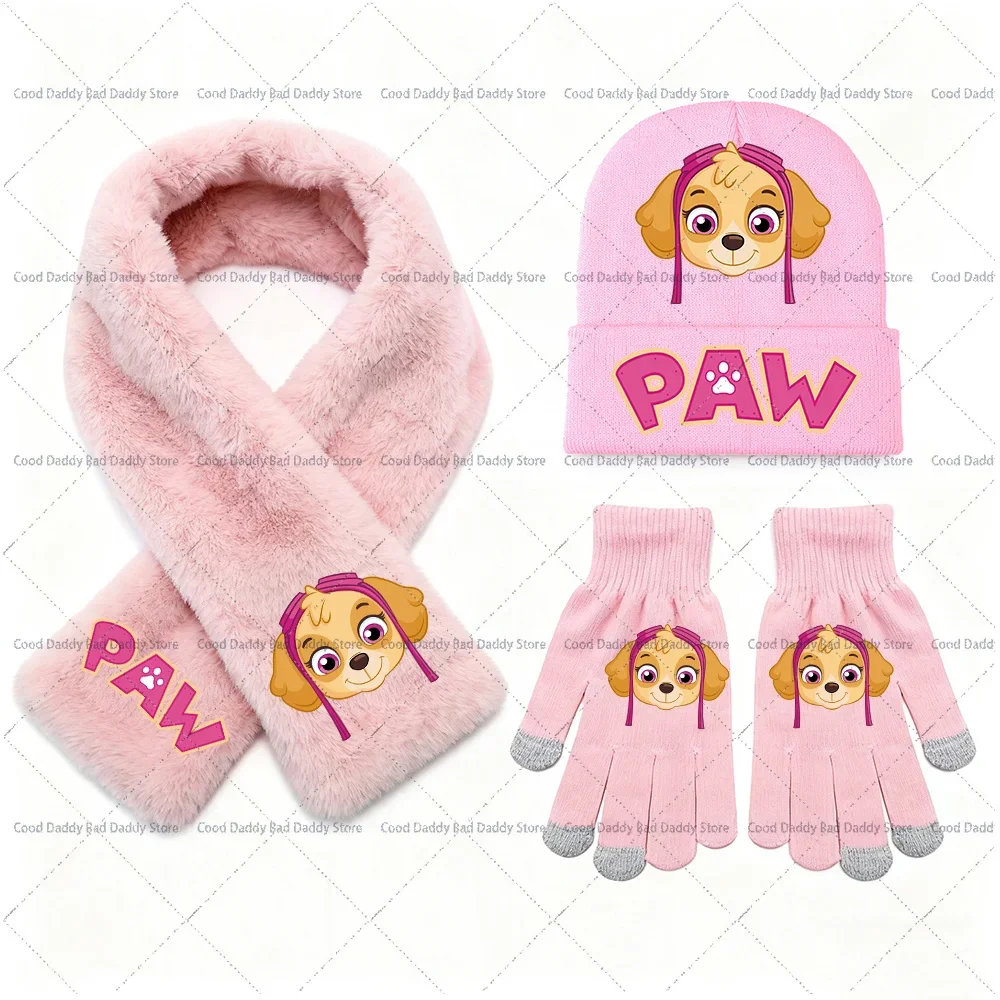 3PCS Cartoon Dog Cute Knitted Hat Gloves Scarf Winter Accessories Skye Chase Anime Printed Knit Cap Glove Scarfs Set Xmas Gifts