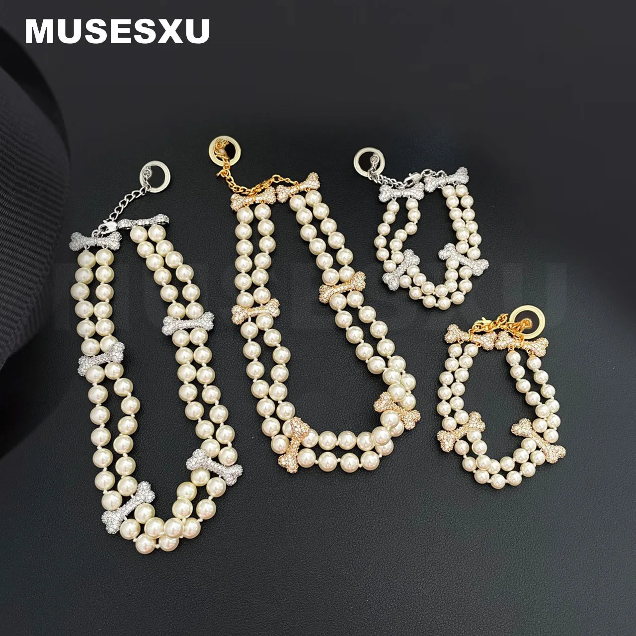 Jewelry & Accessories Bone Shape & Pearl Beaded Double Layer Necklace and Bracelet Set For Women's Party Gift