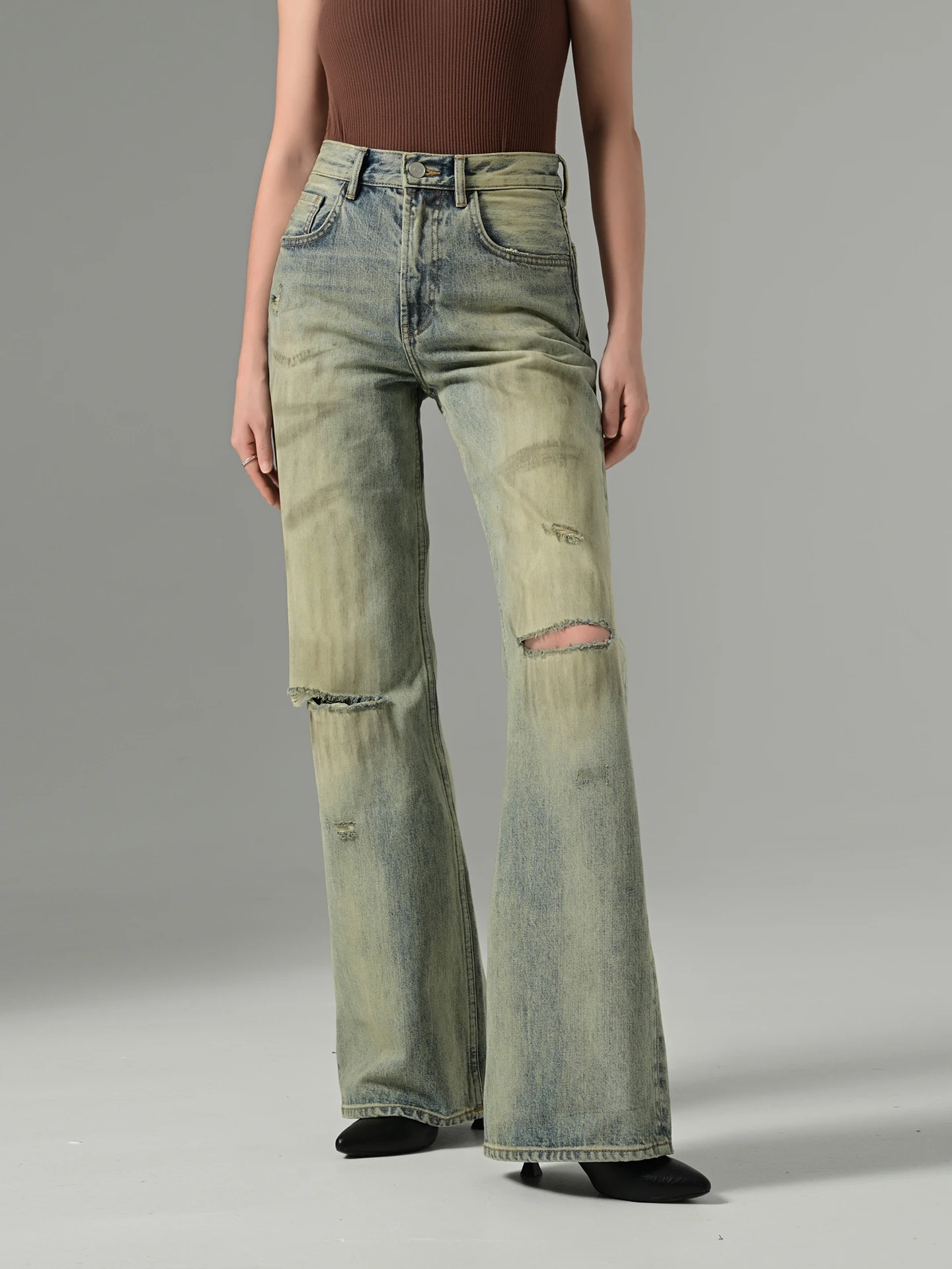 

Джинсы женские Streetwear Sle Bell Bot с манжетами, свободного кроя, с высокой талией, из выцветшего денима, износостойкие