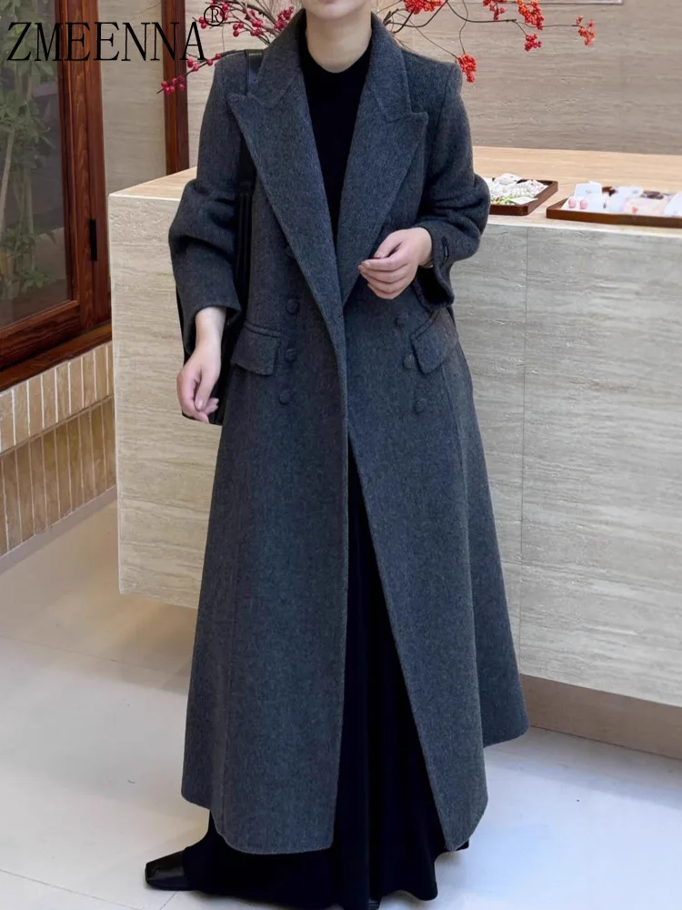 

ZMEENNA Women's Elegant Wool Blend Double Breasted Long Coat Classic Notch Lapel Maxi Jacket Formal Winter Outerwear ZM3632